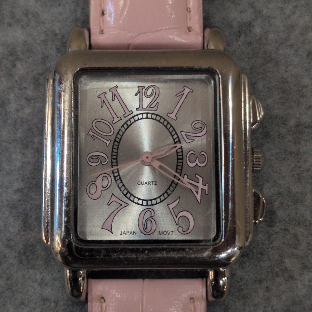 Womens Square Face Pink Leather Band Quartz Watch Japan Movt New Battery - Picture 1 of 4